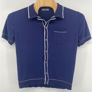 PJ Paul Jones Knit Polo Men Lg Navy Blue Ribbed Short Sleeve Button Down Retro